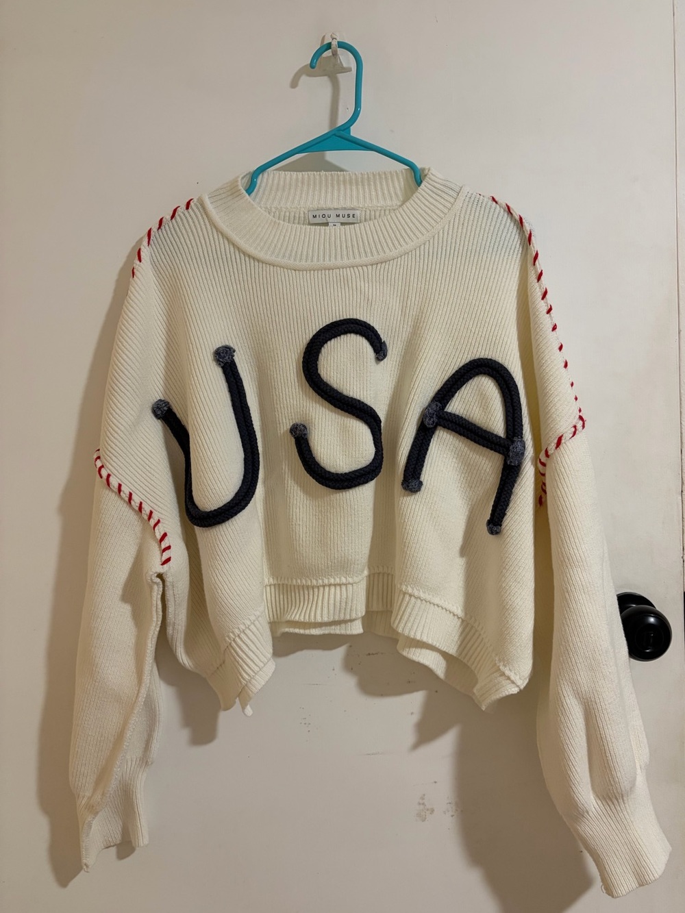 Miou Muse USA Rope Letter Oversized Ivory Sweater Patriotic